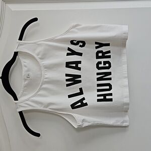 ALWAYS HUNGRY Tank Crop Top T-Shirt White & Black Womens Medium Sleeveless